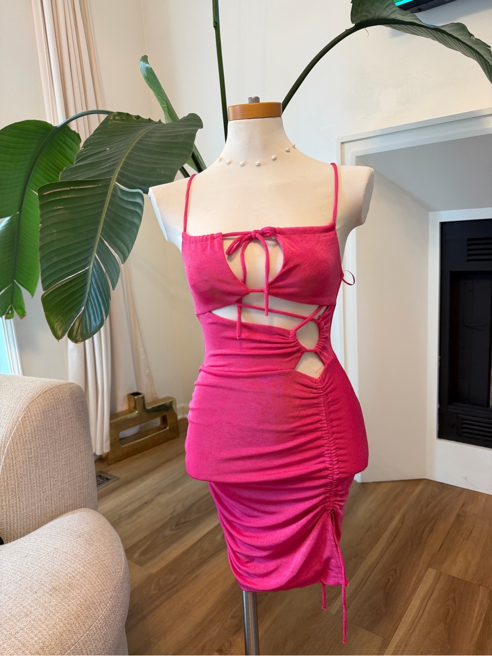 Bershka Hot Pink Cutout Ruched Mini Dress